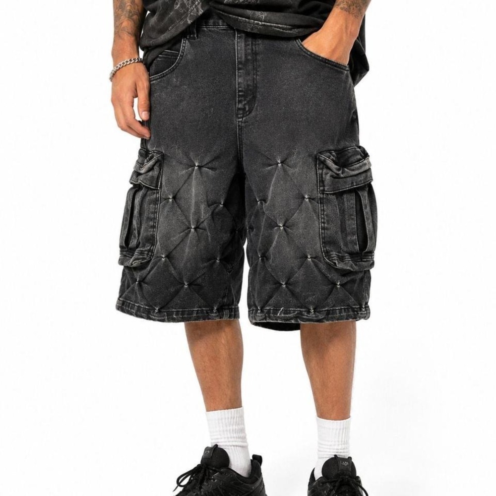 Grindhouse Quilted Cargo Jean Shorts Black Acid Wash Streetwear Size 34